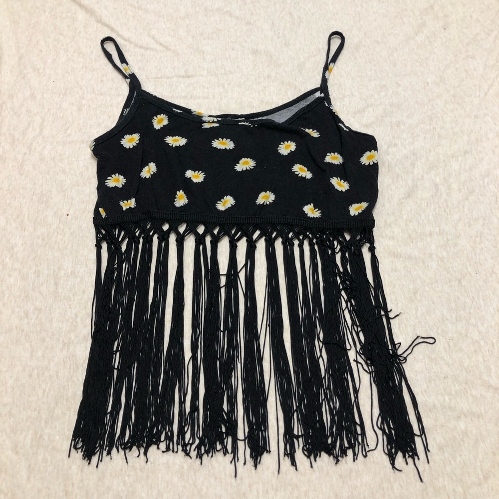 LA Hearts Dark Floral Fringe Top Daisy Brami Ultra-Cropped Festival Boho Summer